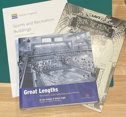 Turkish Baths books chosen by Bernadette Bone, including Historic England's Listing Selection Guide on Sports and Recreation Buildings, SAVE's Taking the Plunge, and Great Lengths, by English Heritage.